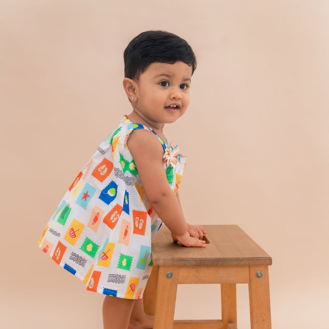 Stampscape - Mulmul Cotton Sleeveless Bow Frock